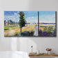Three-panel canvas wall art featuring riverside path with figures, displayed in a bathroom above a bathtub.