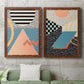 Set of two maple barnwood framed canvas prints depicting a coordinated art pair of bold geometric Memphis-style patterns rendered as retro graphic abstracts above a sofa in a modern living room.