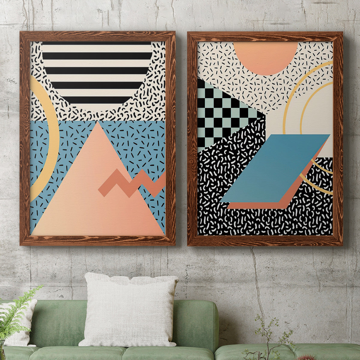 Set of two maple barnwood framed canvas prints depicting a coordinated art pair of bold geometric Memphis-style patterns rendered as retro graphic abstracts above a sofa in a modern living room.