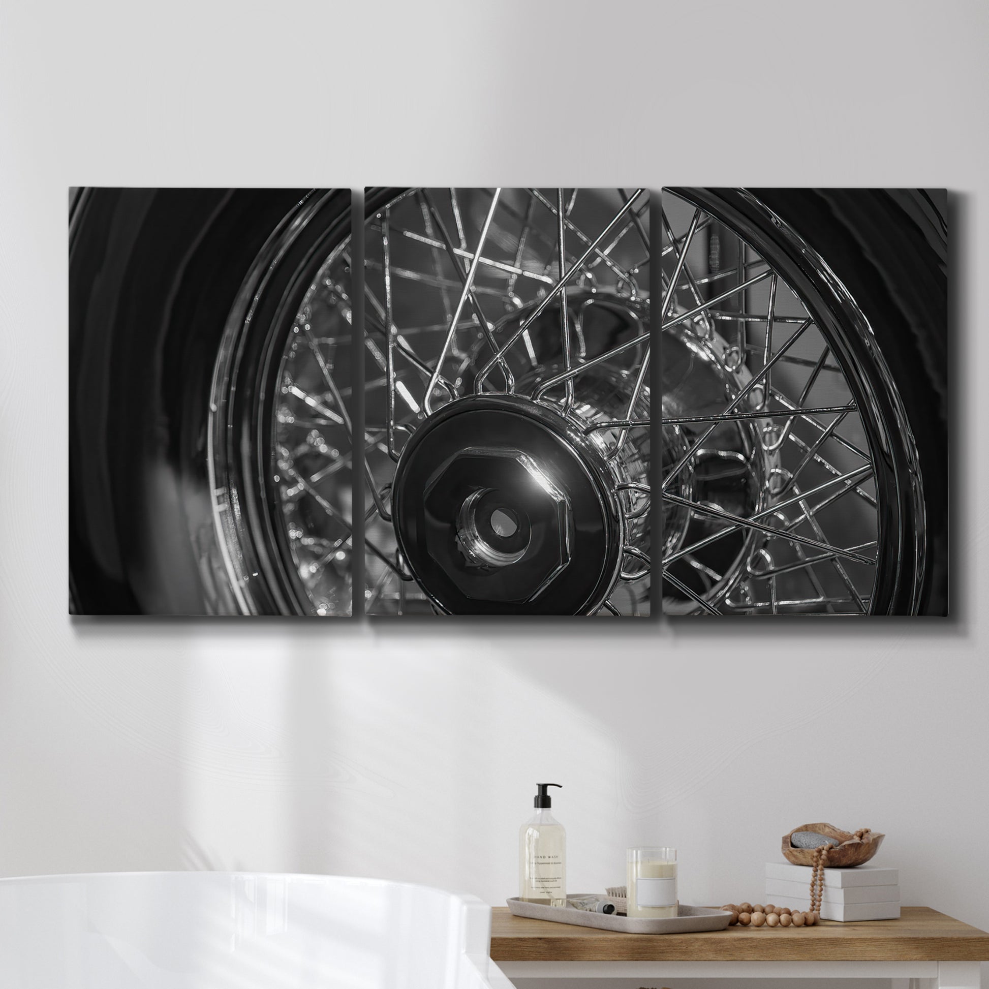 Three-panel canvas wall art featuring vintage car grille detail, displayed in a bathroom above a bathtub.