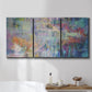 Three-panel canvas wall art featuring abstract evening landscape with depth, displayed in a bathroom above a bathtub.