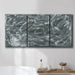 Three-panel canvas wall art featuring abstract view through window forms, displayed in a bathroom above a bathtub.