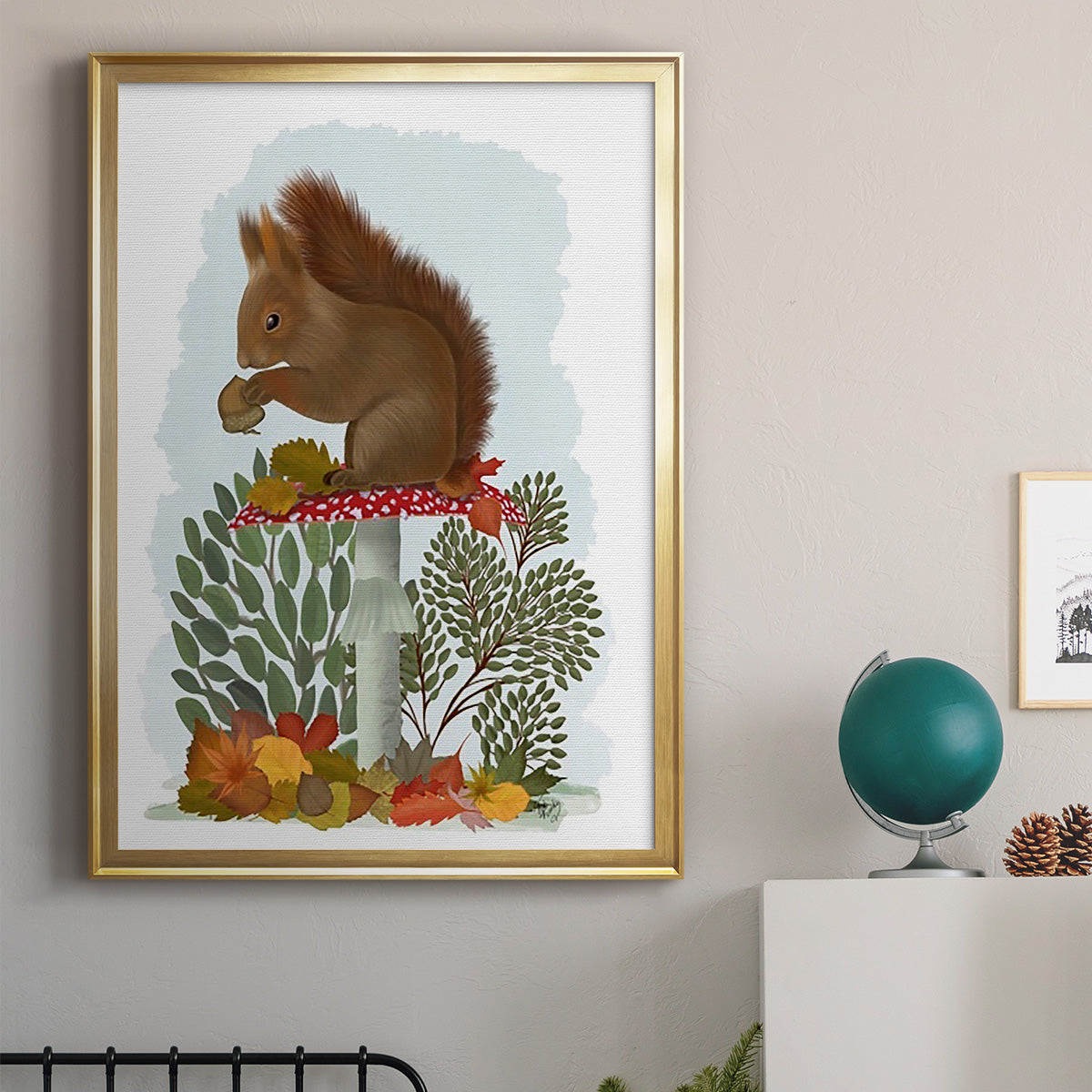 Red Squirrel On Mushroom - Modern Framed Canvas Print