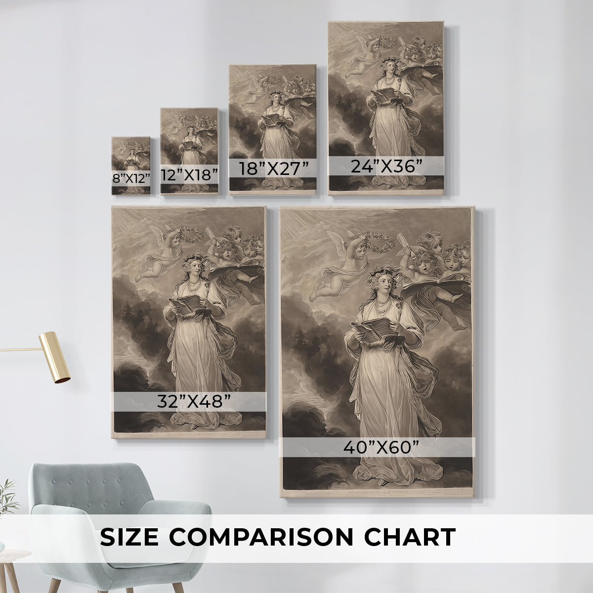 Size comparison chart for canvas art prints, showing multiple size options.