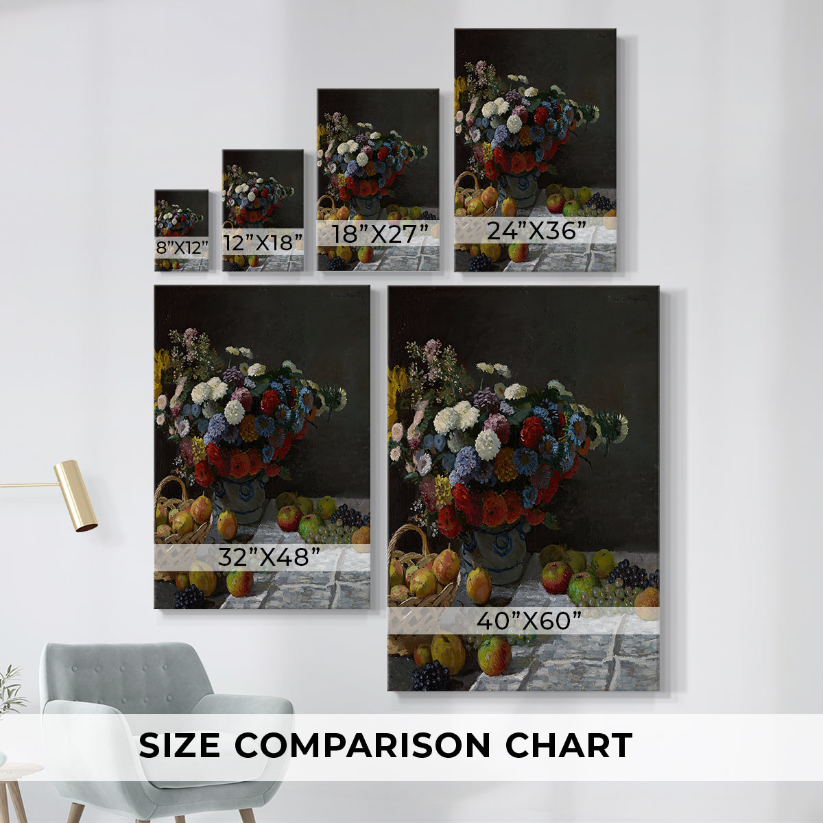 Size comparison chart for canvas art prints, showing multiple size options.