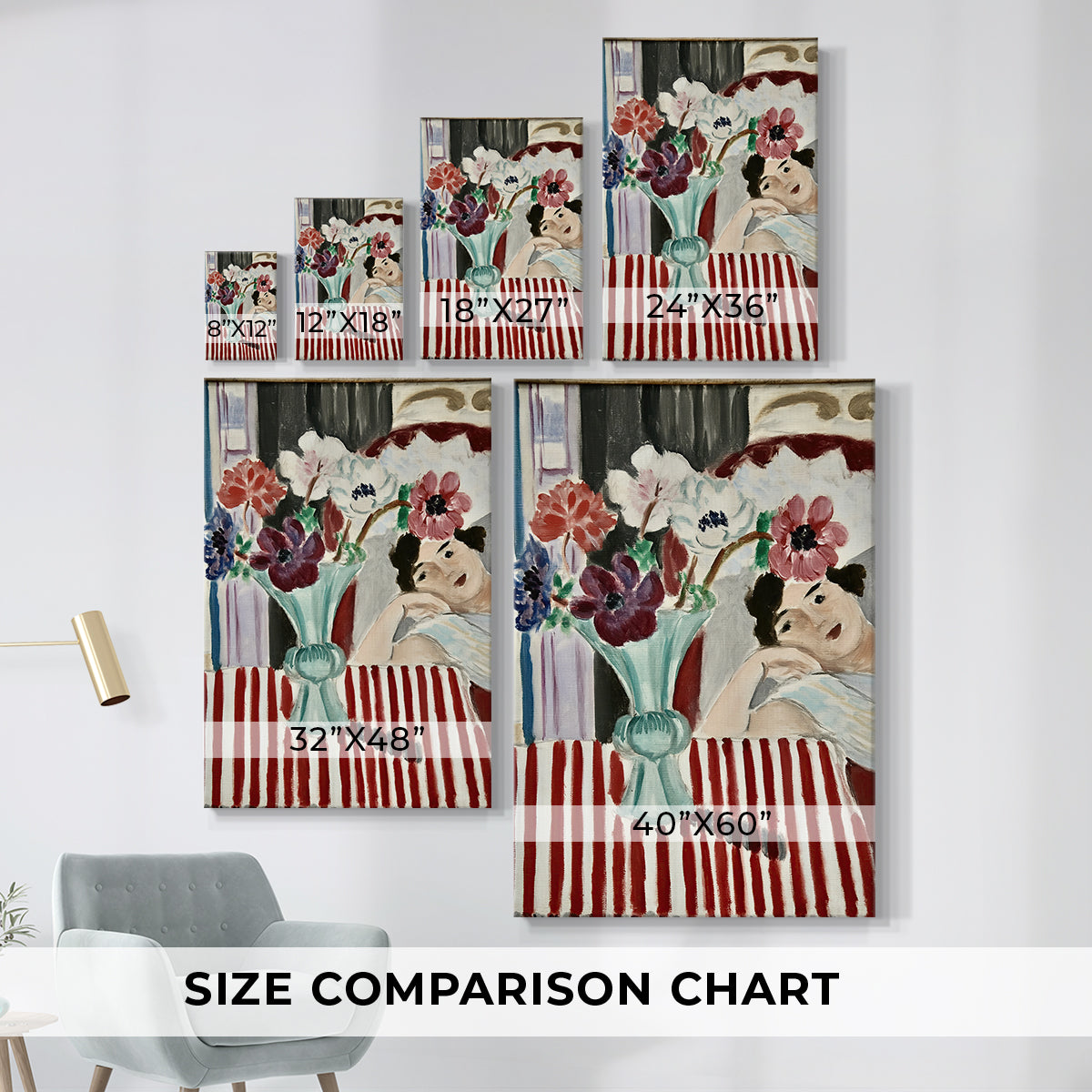 Size comparison chart for canvas art prints, showing multiple size options.