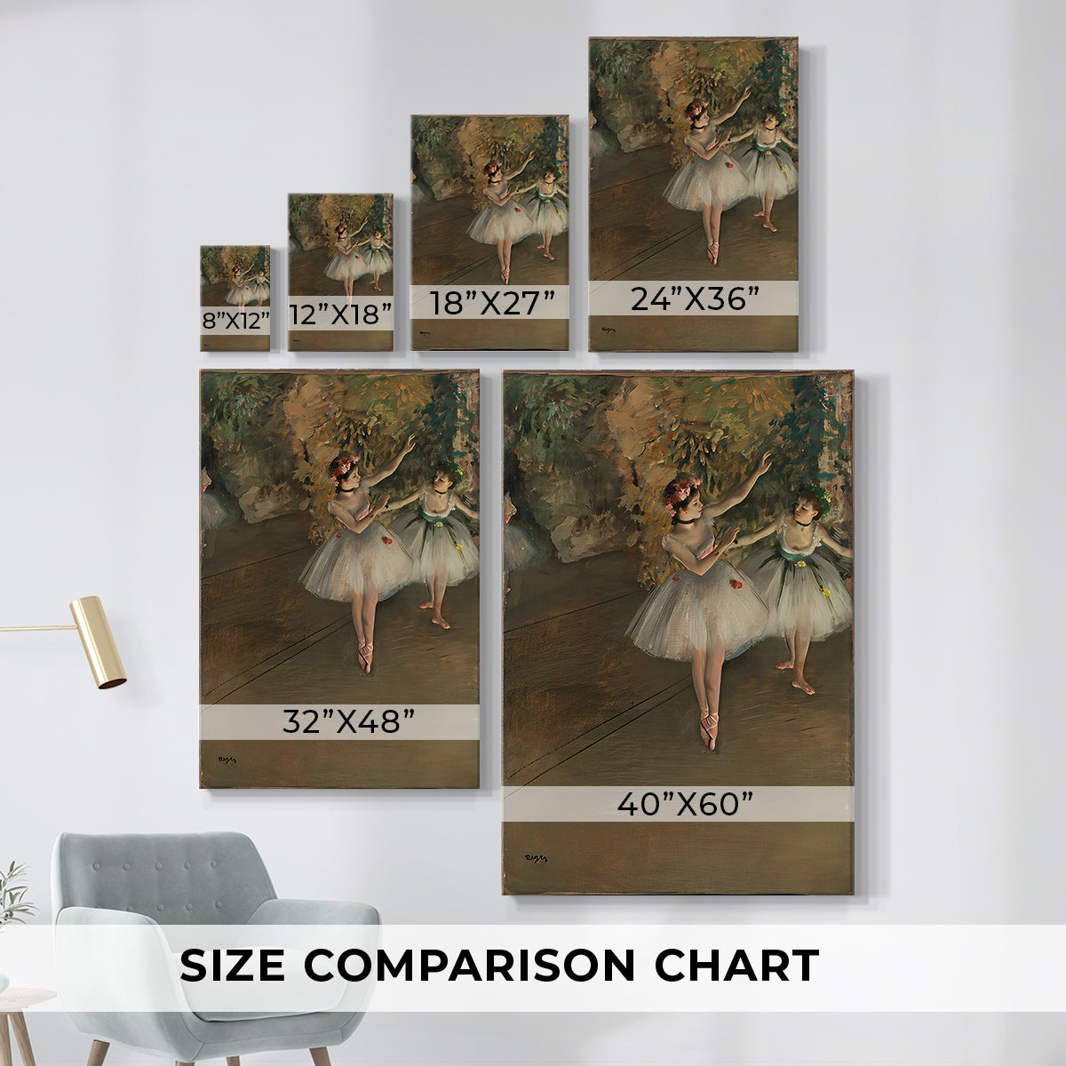 Size comparison chart for canvas art prints, showing multiple size options.