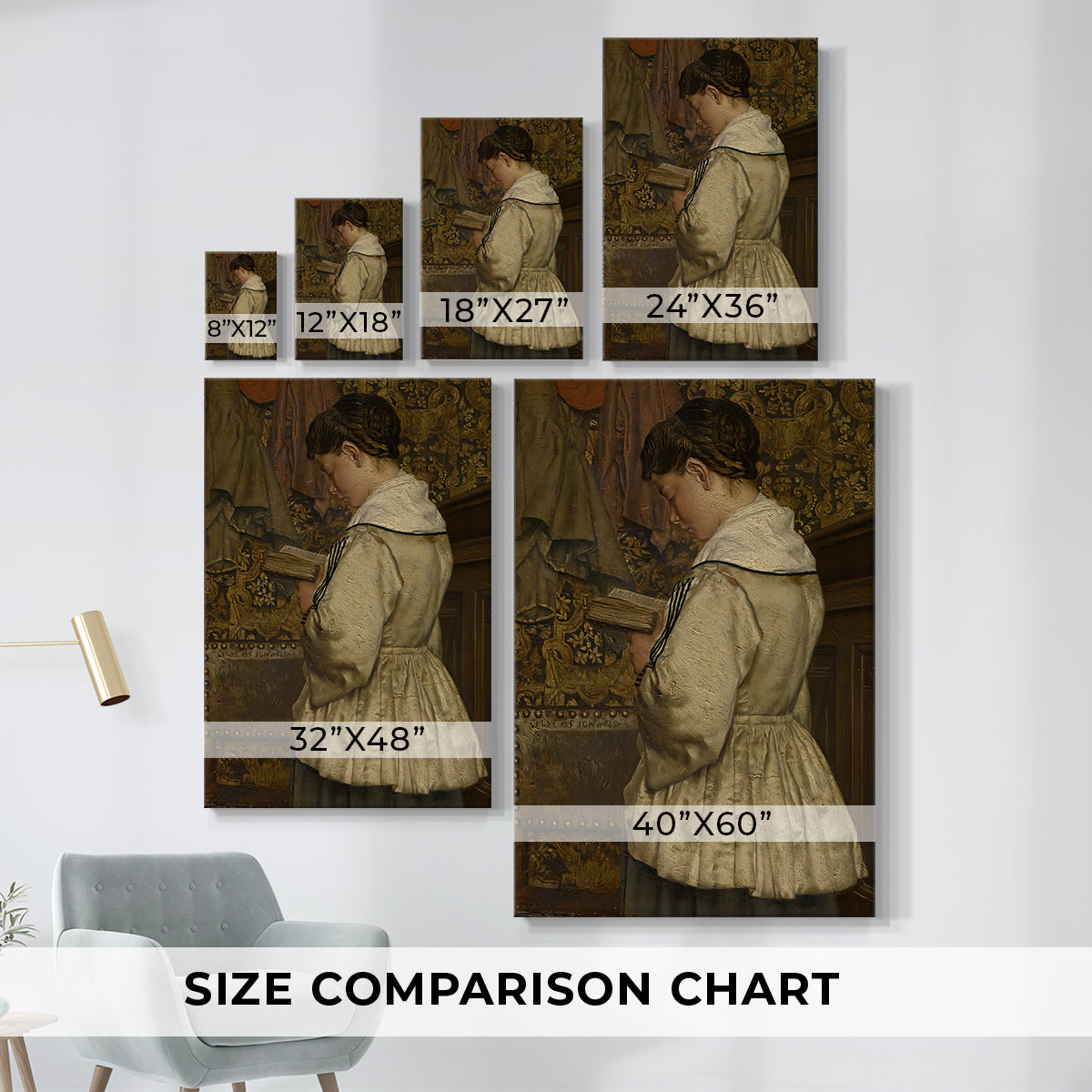 Size comparison chart for canvas art prints, showing multiple size options.