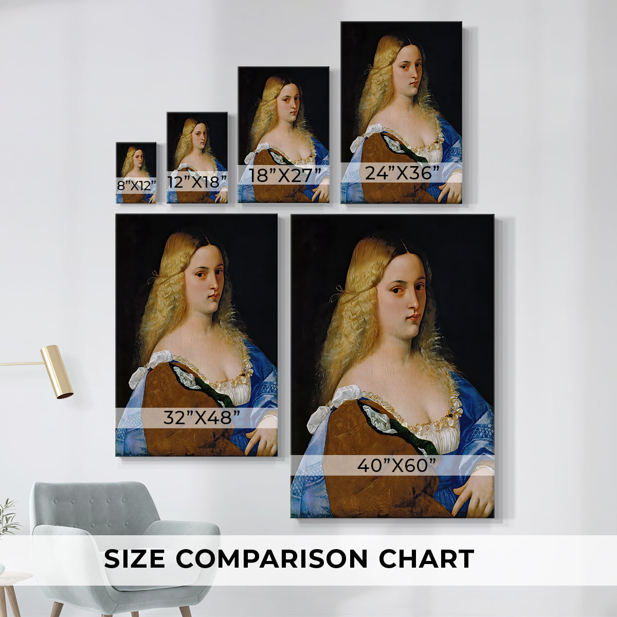 Size comparison chart for canvas art prints, showing multiple size options.