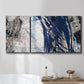 Three-panel canvas wall art featuring layered blue abstract texture, displayed in a bathroom above a bathtub.