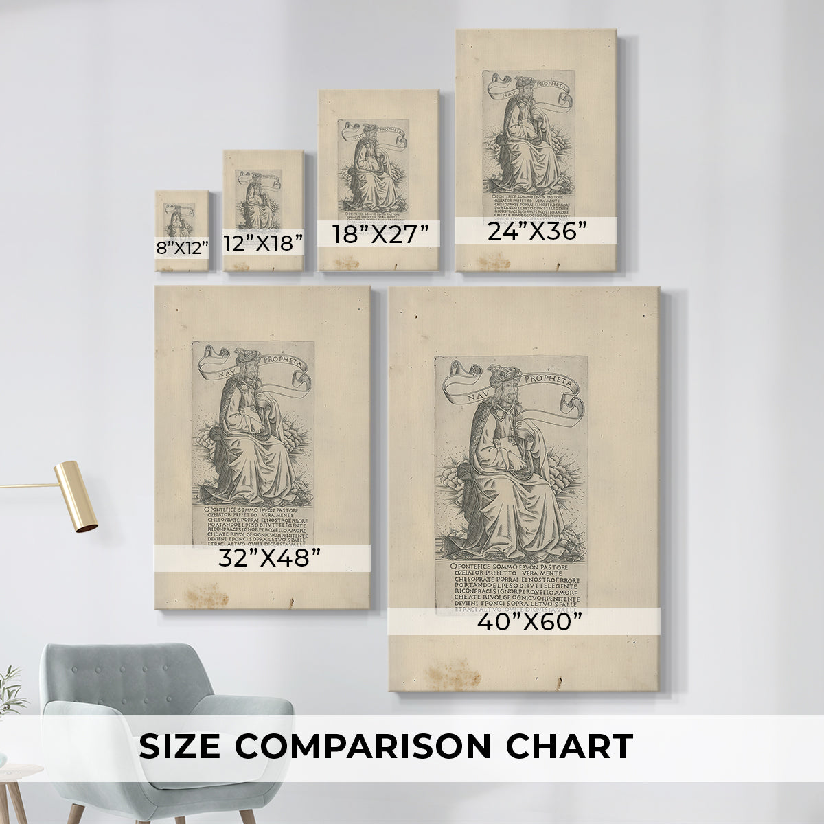Size comparison chart for canvas art prints, showing multiple size options.