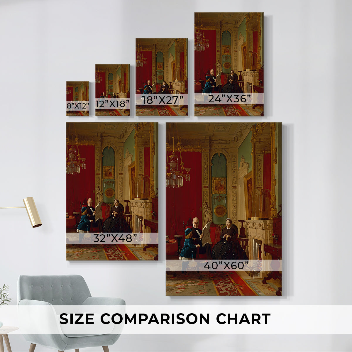 Size comparison chart for canvas art prints, showing multiple size options.