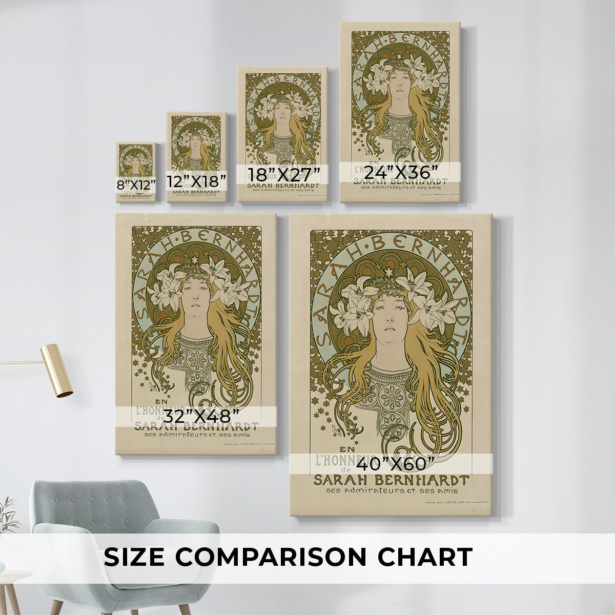 Size comparison chart for canvas art prints, showing multiple size options.