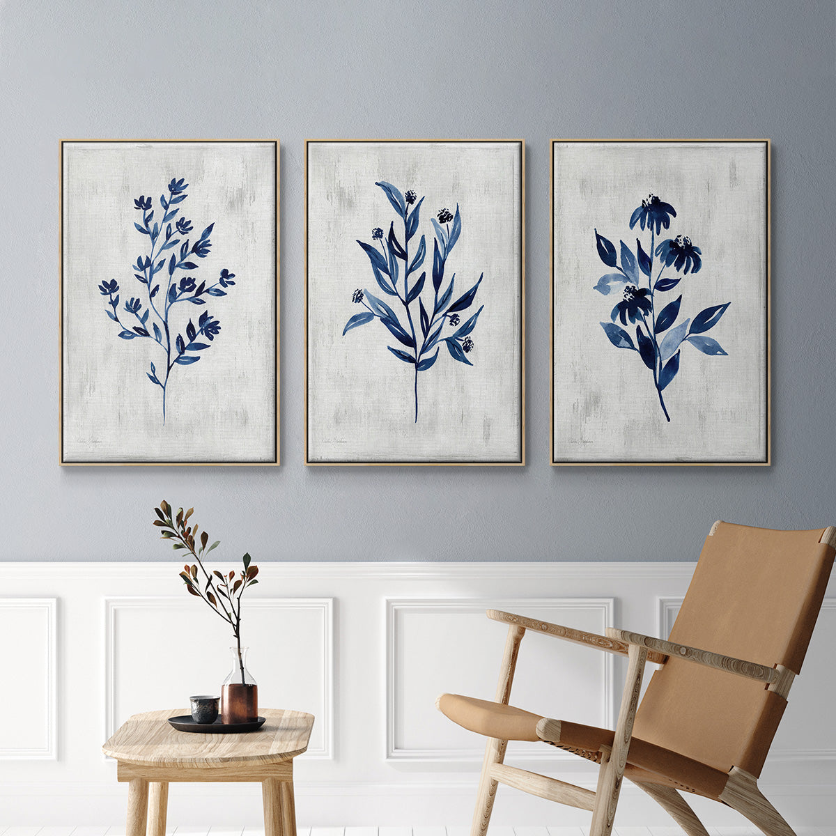 Wild Indigo I - Framed Premium Gallery Wrapped Canvas L Frame 3 Piece Set - Ready to Hang