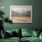 Impressionist valley landscape in southern France by Claude Monet in an ornate weathered white frame displayed in a dark-toned interior setting.
