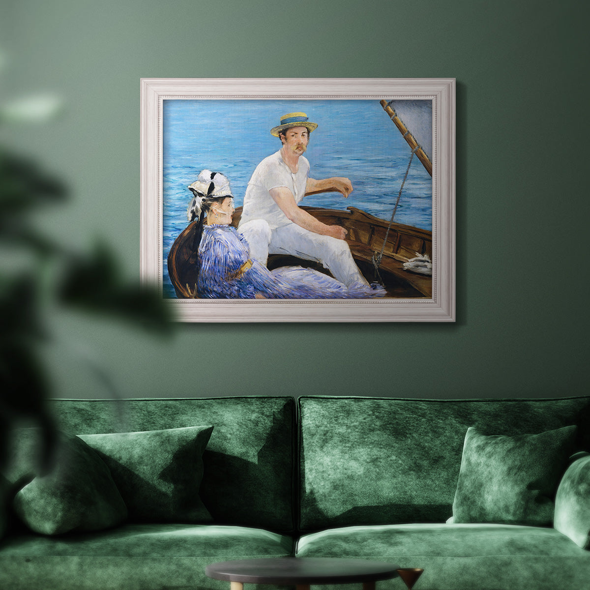 Impressionist leisure boating scene by Édouard Manet in an ornate weathered white frame displayed in a dark-toned interior setting.