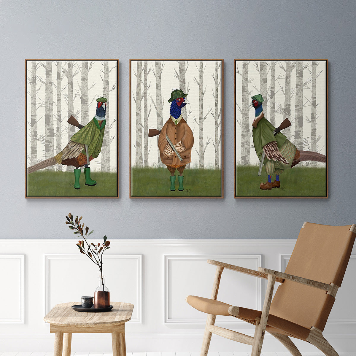 Pheasant Shooting Party 1 - Framed Premium Gallery Wrapped Canvas L Frame 3 Piece Set - Ready to Hang