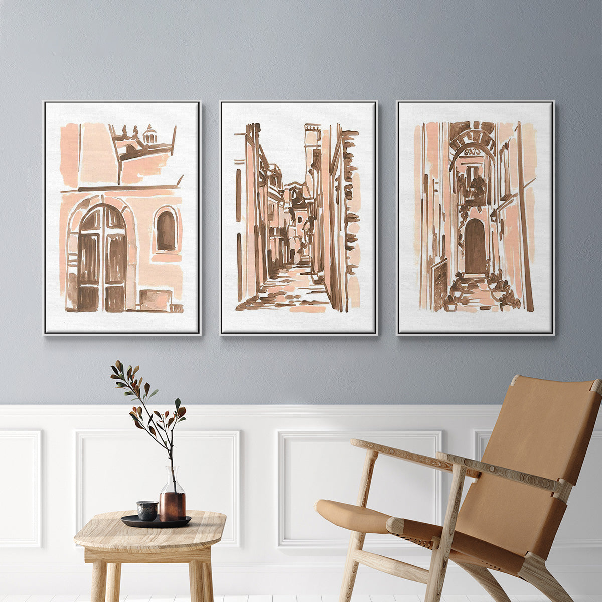 Blush Architecture Study IV - Framed Premium Gallery Wrapped Canvas L Frame 3 Piece Set - Ready to Hang