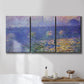 Three-panel canvas wall art featuring overcast bridge above river, displayed in a bathroom above a bathtub.
