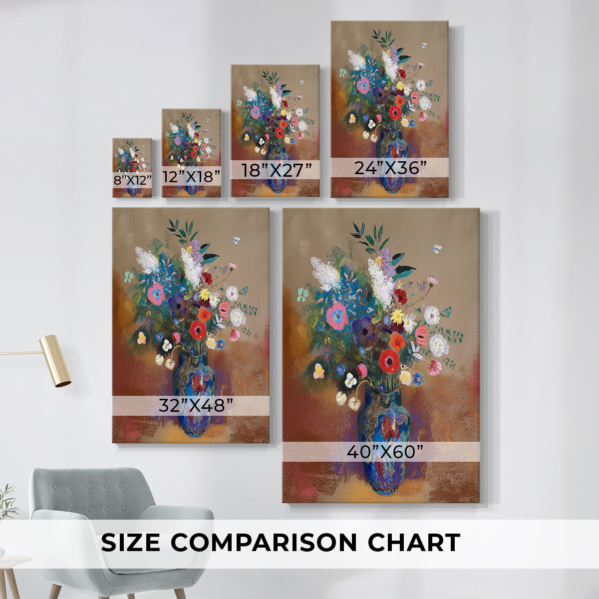 Size comparison chart for canvas art prints, showing multiple size options.