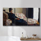 Three-panel canvas wall art featuring woman resting on sofa indoors, displayed in a bathroom above a bathtub.