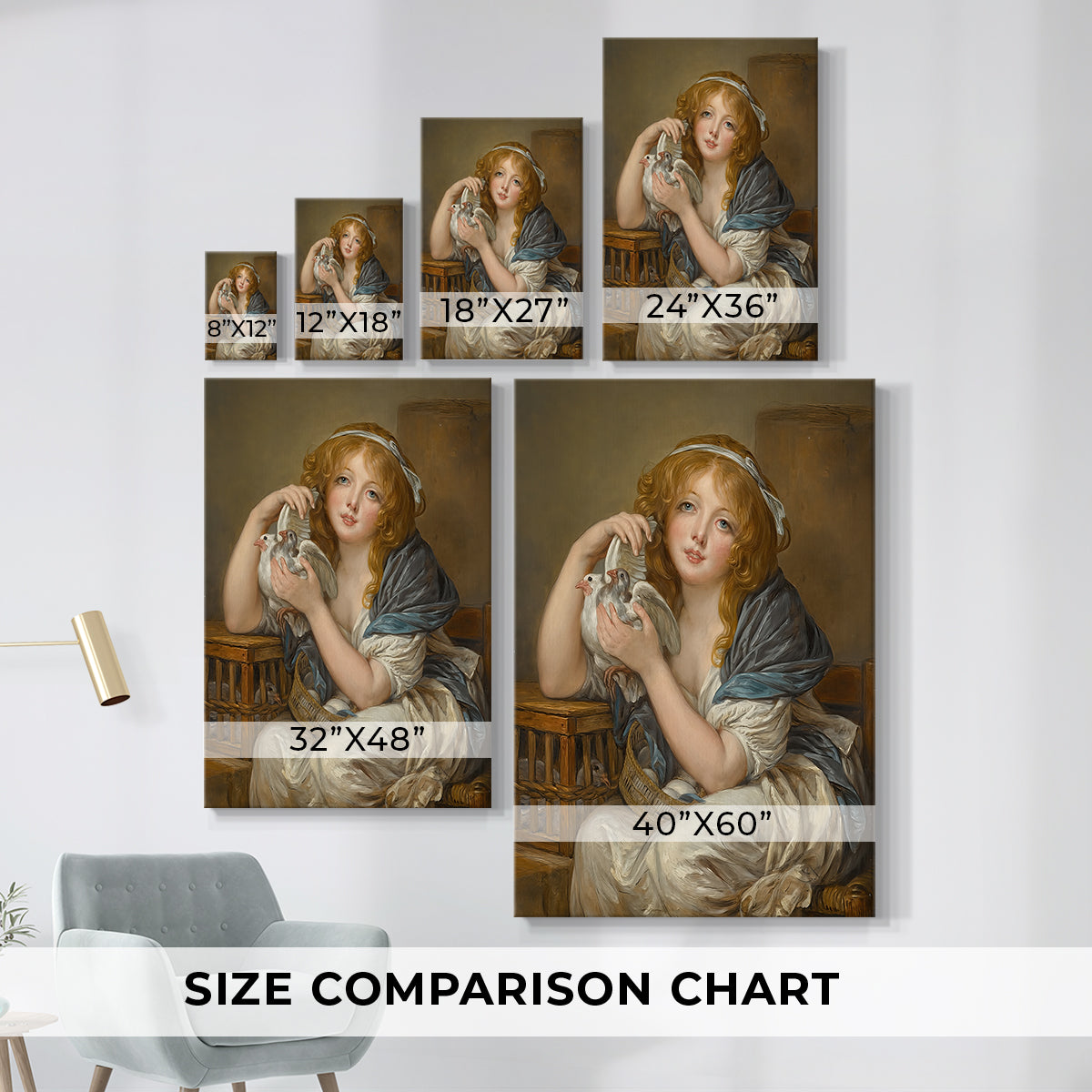 Size comparison chart for canvas art prints, showing multiple size options.