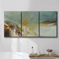 Three-panel canvas wall art featuring earth toned abstract solar landscape, displayed in a bathroom above a bathtub.
