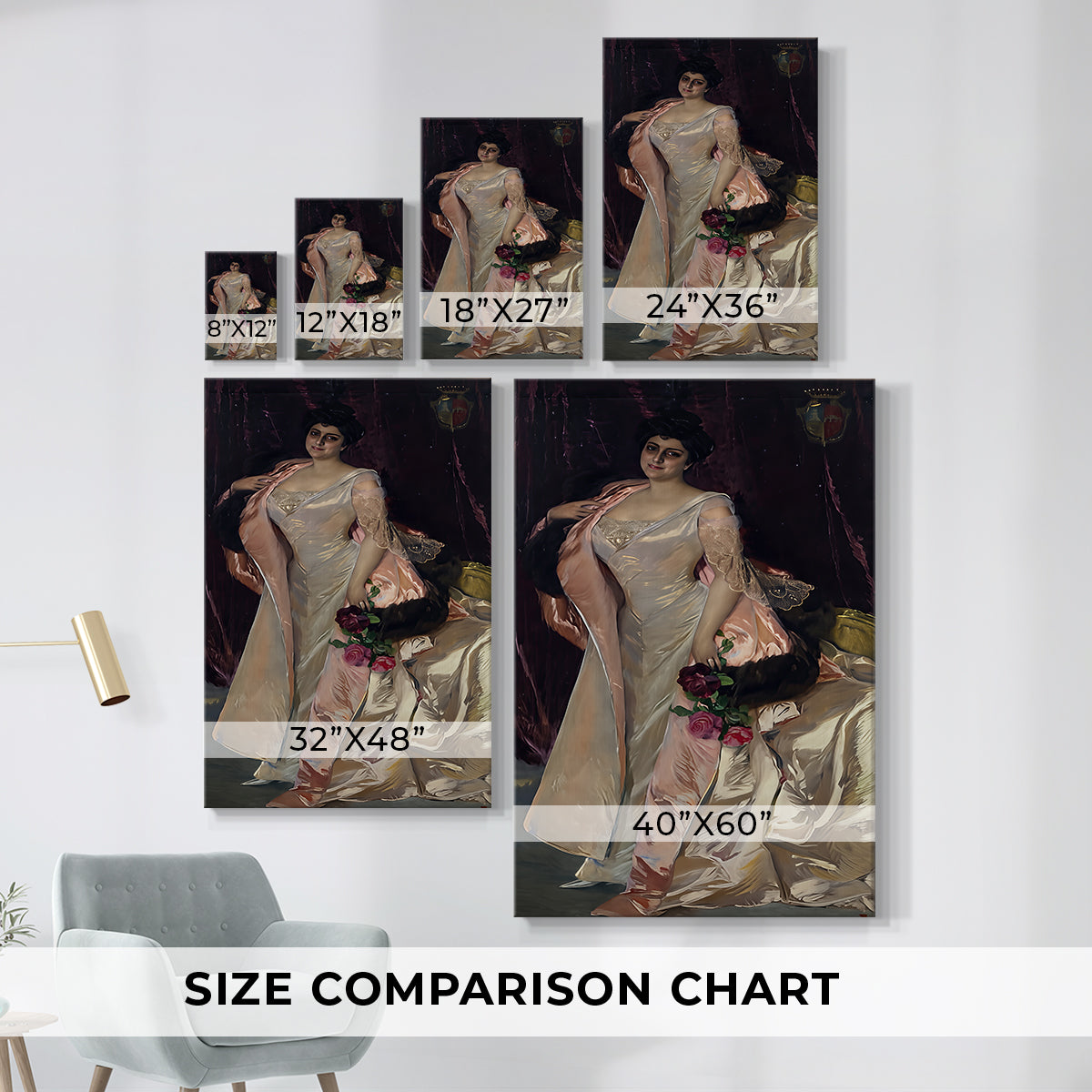 Size comparison chart for canvas art prints, showing multiple size options.