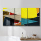 Three-panel canvas wall art featuring geometric mid century abstract blocks, displayed in a bathroom above a bathtub.