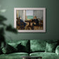 Impressionist interior scene by Édouard Manet in an ornate weathered white frame displayed in a dark-toned interior setting.