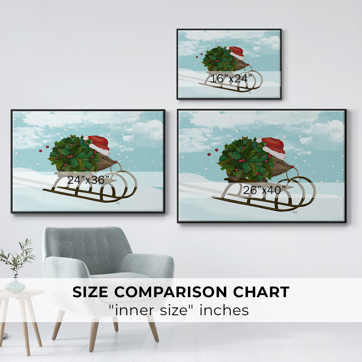 Christmas Holly Hedgehog Sledding - Framed Gallery Wrapped Canvas in Floating Frame