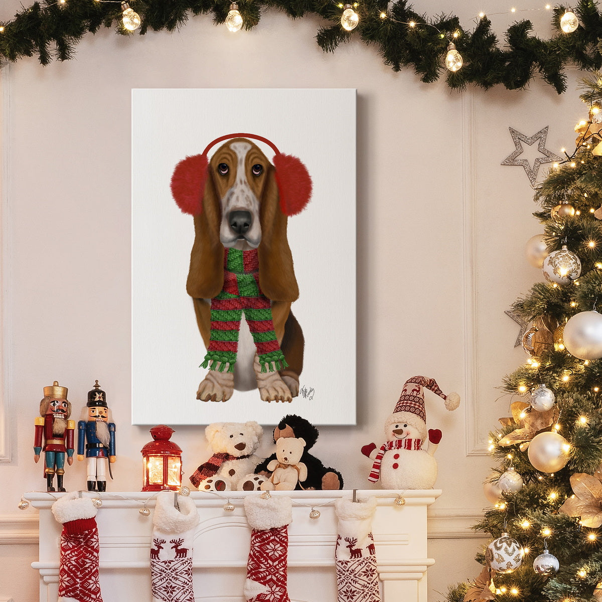 Christmas Des - Basset Hound and Ear Muffs Premium Gallery Wrapped Canvas - Ready to Hang