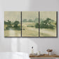 Three-panel canvas wall art featuring pasture landscape in soft watercolor, displayed in a bathroom above a bathtub.