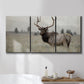 Three-panel canvas wall art featuring elk standing in open grassland, displayed in a bathroom above a bathtub.