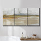 Three-panel canvas wall art featuring golden hour light over landscape, displayed in a bathroom above a bathtub.