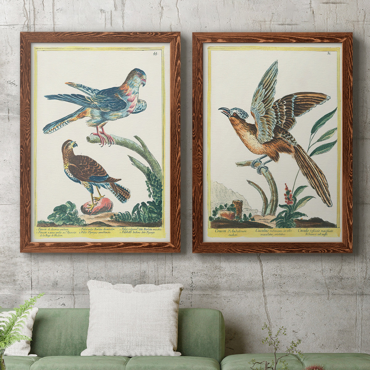 Set of two maple barnwood framed canvas prints depicting a coordinated art pair of misty blue gray and violet marks hovering across pale grounds rendered as atmospheric abstract paintings above a sofa in a modern living room.