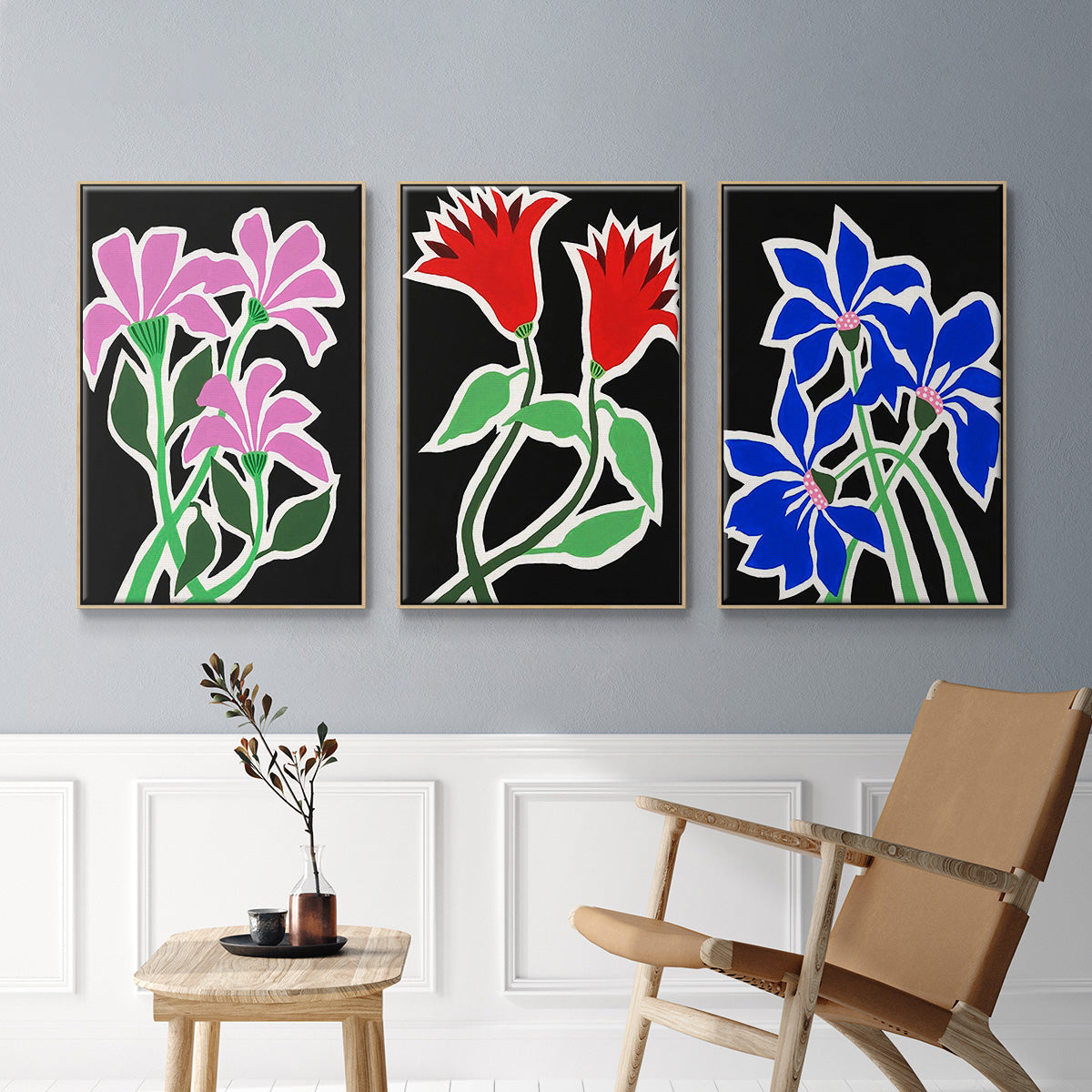 Pop Flowers IV - Framed Premium Gallery Wrapped Canvas L Frame 3 Piece Set - Ready to Hang