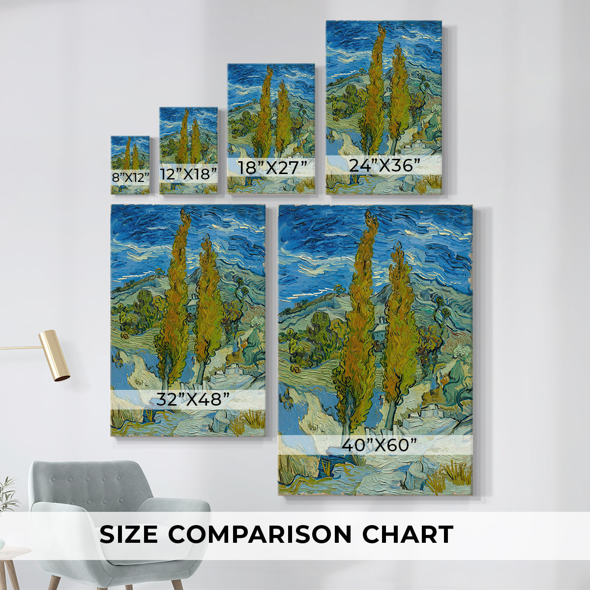 Size comparison chart for canvas art prints, showing multiple size options.