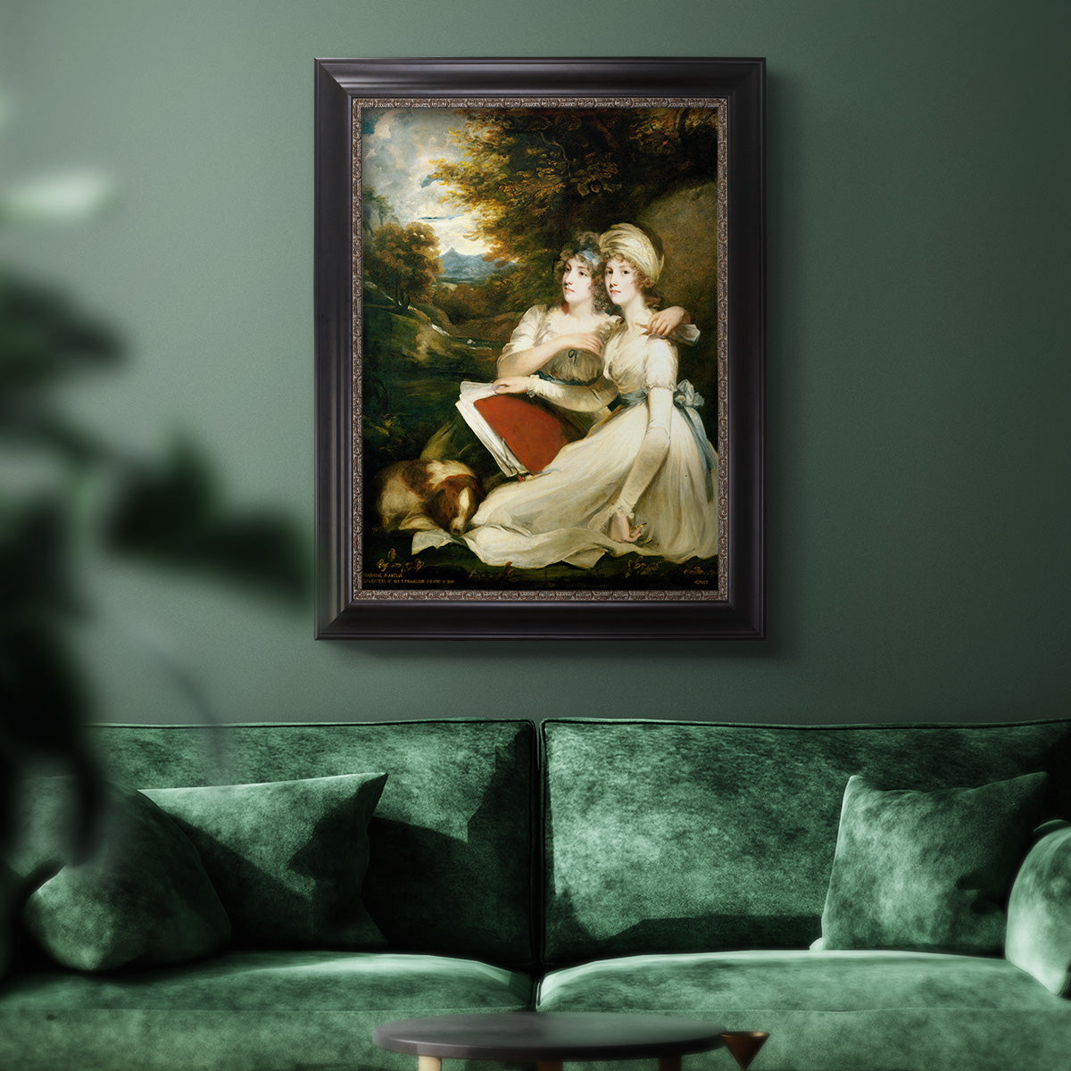 Classical portrait of the Frankland sisters by John Hoppner in an ornate black frame with gilded inner detail displayed in a dark-toned interior setting.