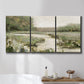 Three-panel canvas wall art featuring narrow path through quiet landscape, displayed in a bathroom above a bathtub.