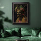 Surreal allegorical portrait representing the four seasons by Giuseppe Arcimboldo in an ornate black frame with gilded inner detail displayed in a dark-toned interior setting.