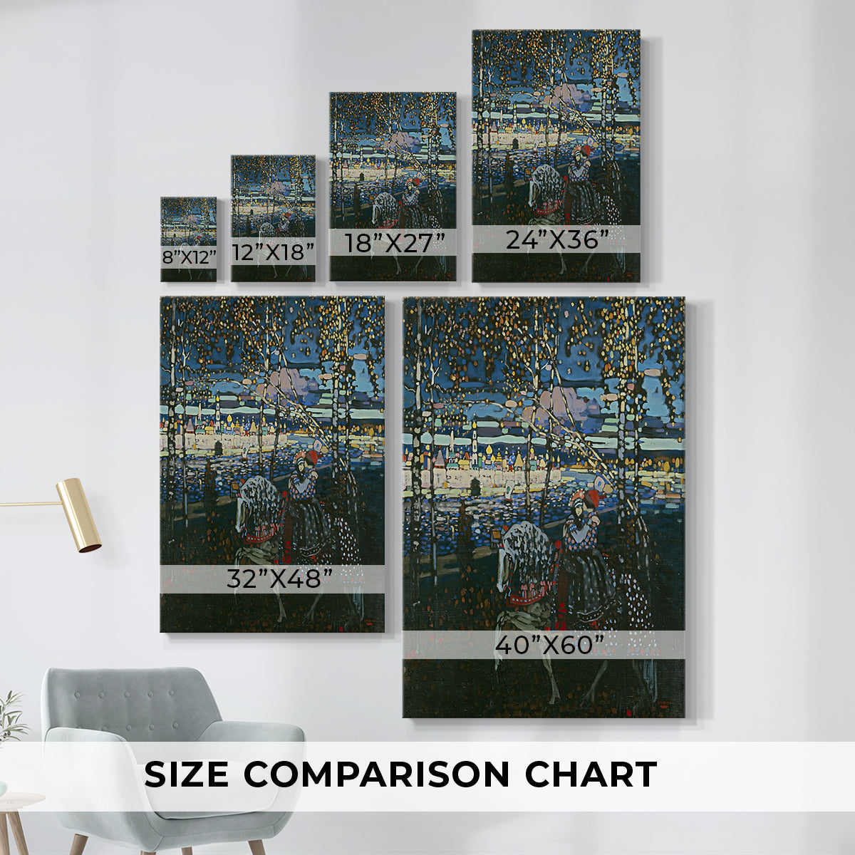 Size comparison chart for canvas art prints, showing multiple size options.