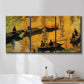 Three-panel canvas wall art featuring small boat on calm water, displayed in a bathroom above a bathtub.