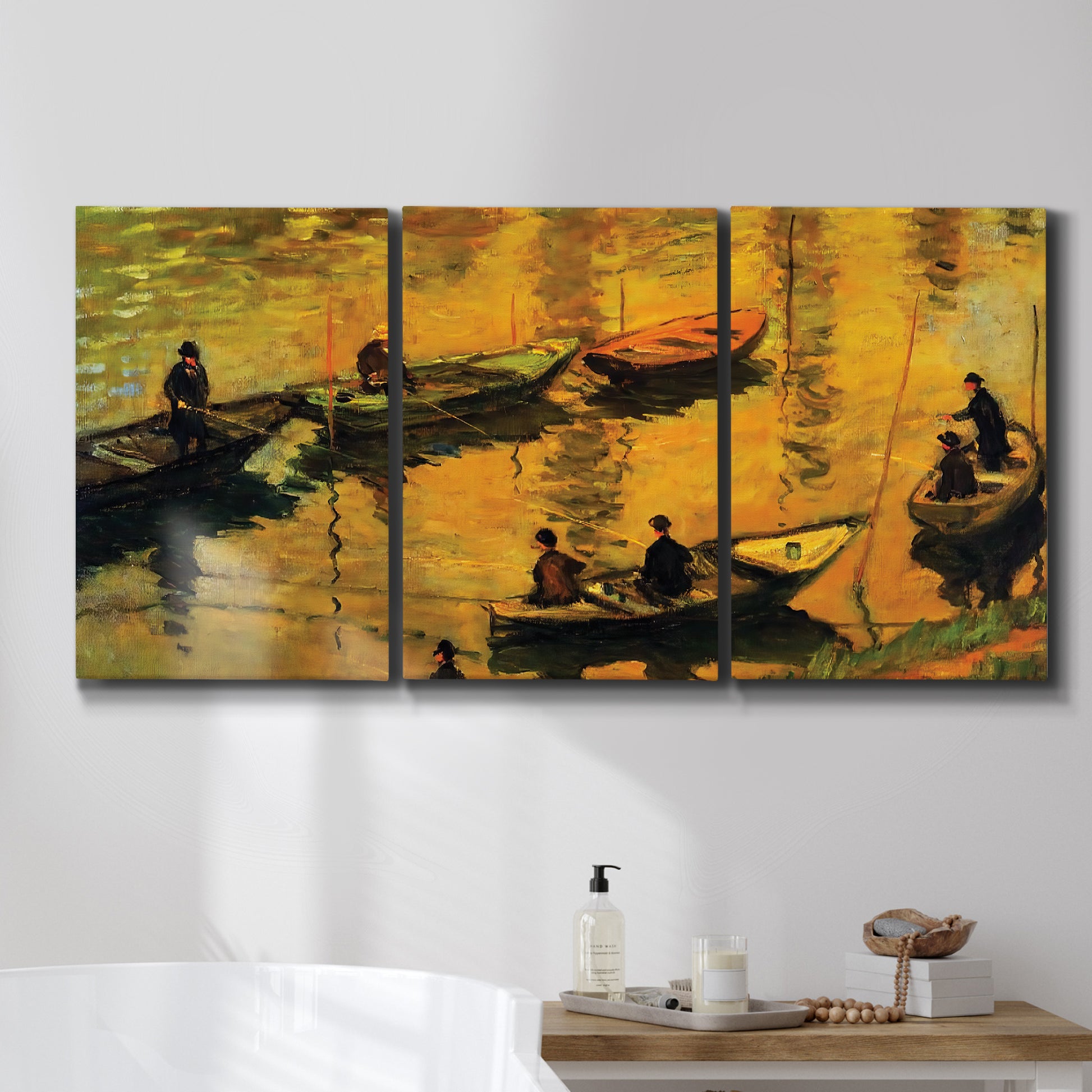 Three-panel canvas wall art featuring small boat on calm water, displayed in a bathroom above a bathtub.