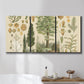 Three-panel canvas wall art featuring vintage floral botanical collage, displayed in a bathroom above a bathtub.