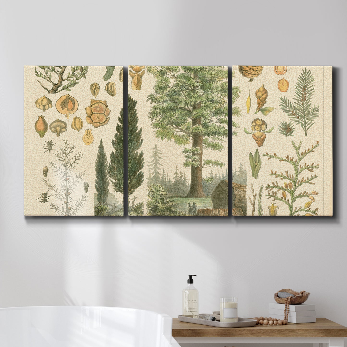 Three-panel canvas wall art featuring vintage floral botanical collage, displayed in a bathroom above a bathtub.