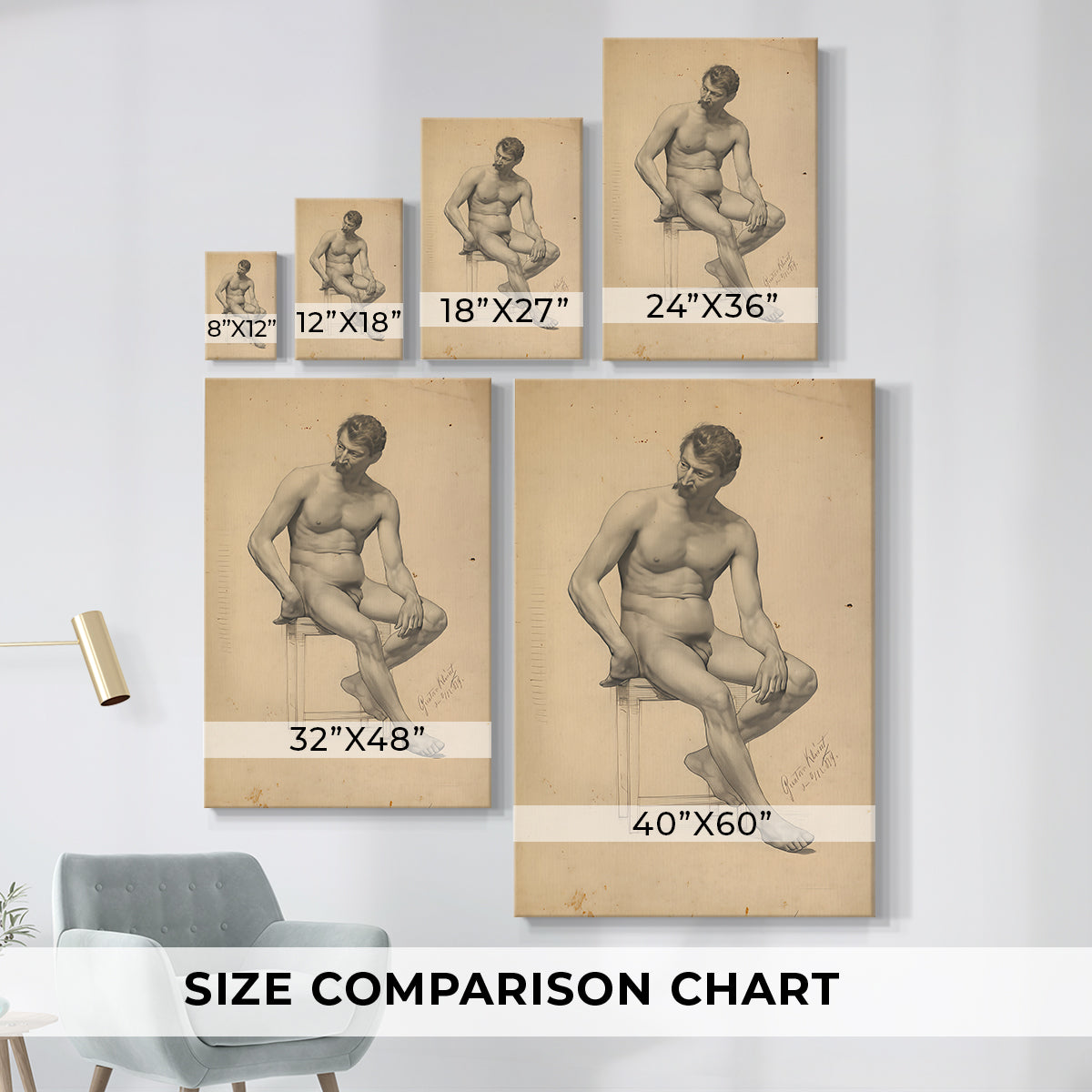 Size comparison chart for canvas art prints, showing multiple size options.