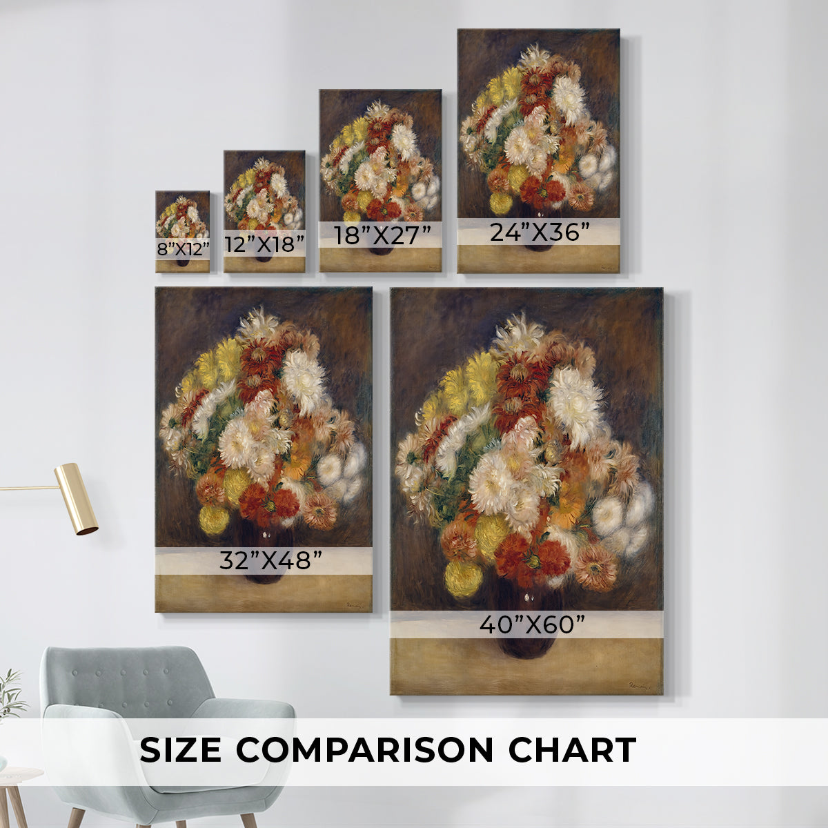 Size comparison chart for canvas art prints, showing multiple size options.