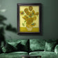 Impressionist sunflower still life painting by Vincent van Gogh in an ornate black frame with gilded inner detail displayed in a dark-toned interior setting.