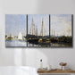 Three-panel canvas wall art featuring small pleasure boats on calm water, displayed in a bathroom above a bathtub.